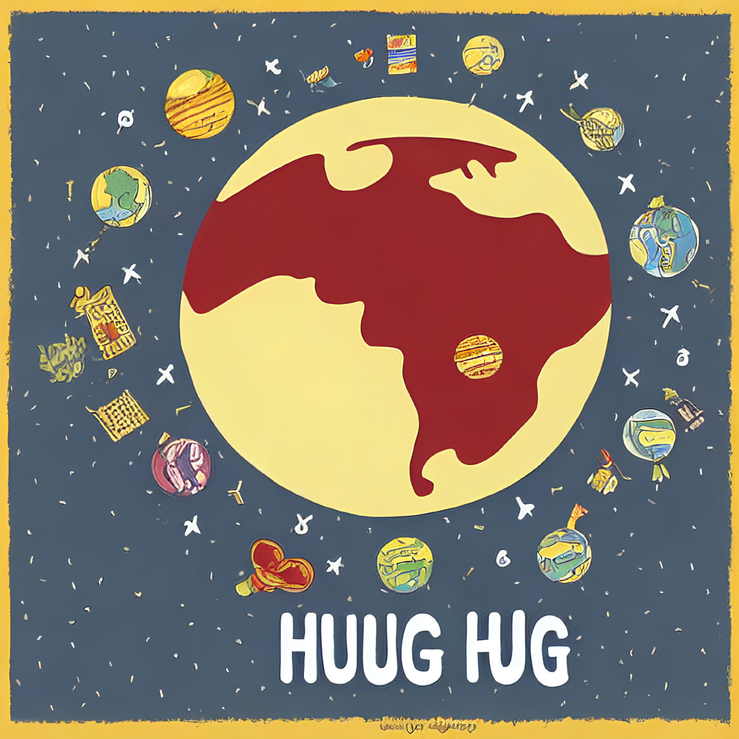 Colorful Illustration of Red Planet with "HUUG HUG" Text surrounded by Satellites and