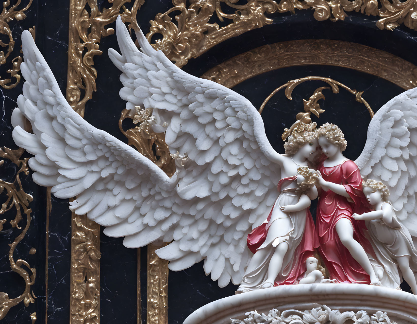 Detailed Angel Sculpture with White Wings and Red Robe on Ornate Background