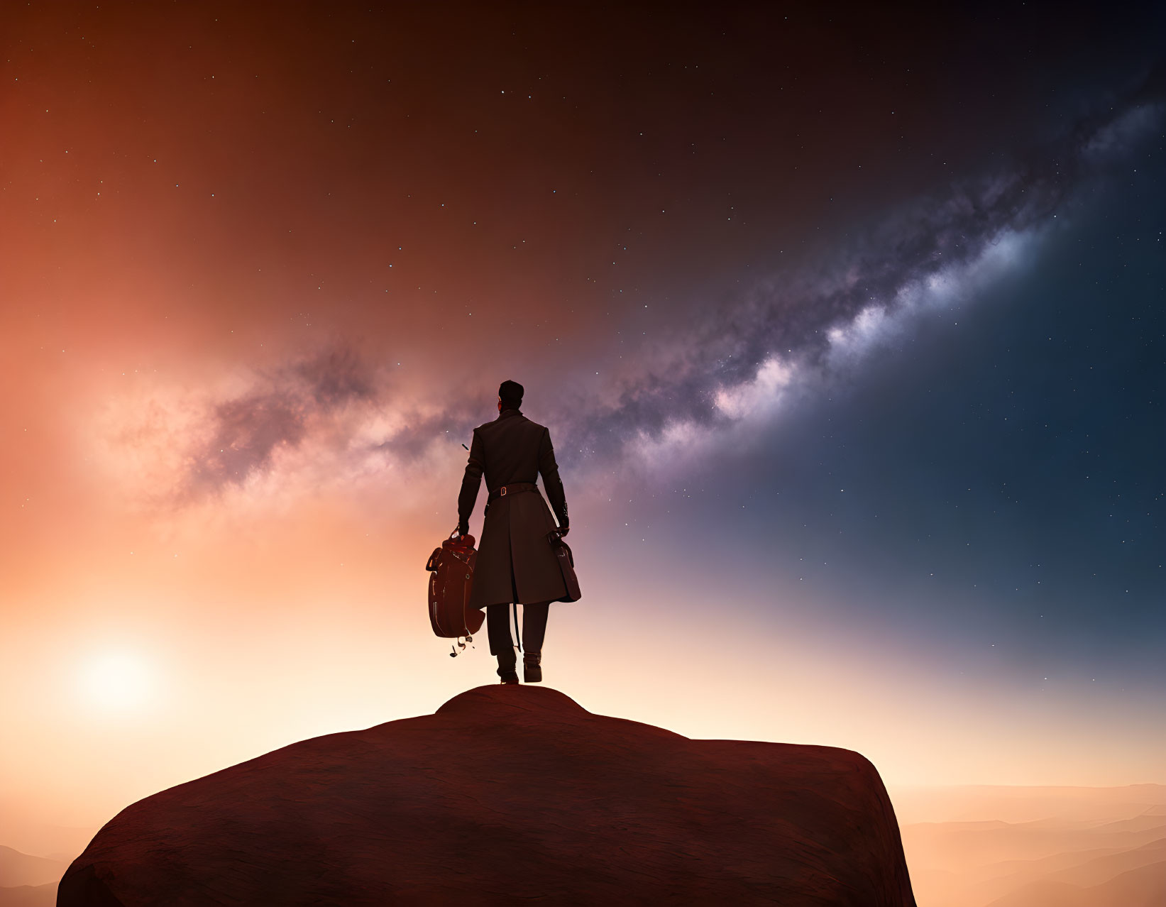 Silhouetted figure with briefcase gazes at sunset under starry sky