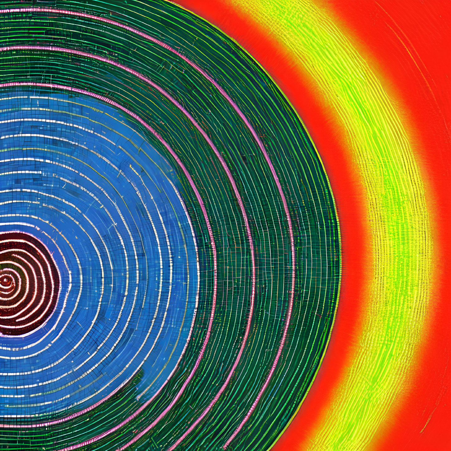 Vibrant concentric circles with digital glitch texture in blue, green, and red.