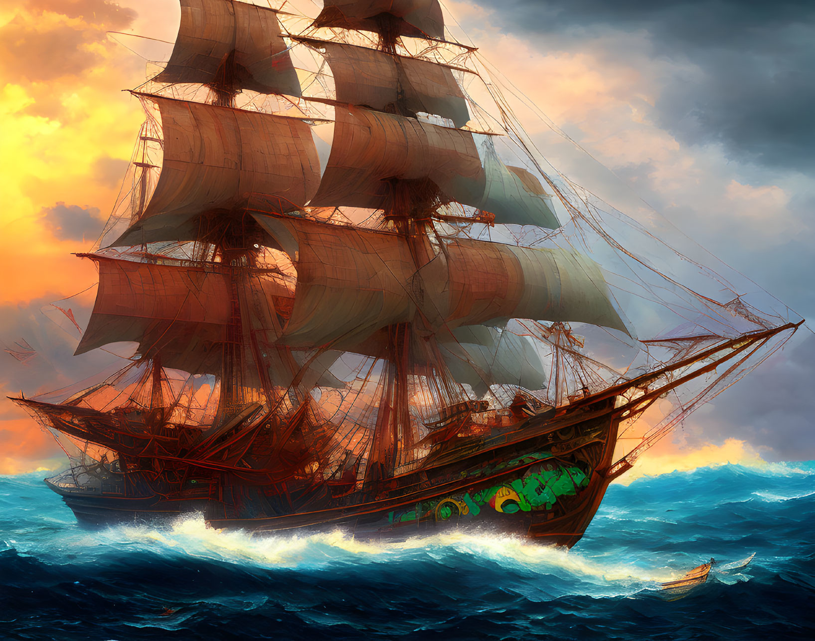 Sailing ship with full sails in turbulent seas at sunset