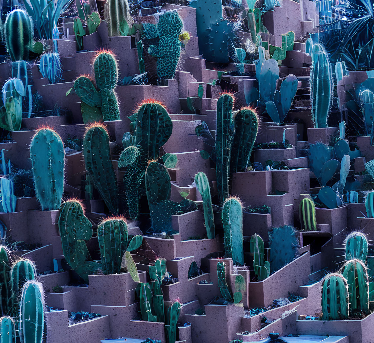 Assorted cacti in blue hue, diverse shapes and sizes, arranged in brown pots under gentle