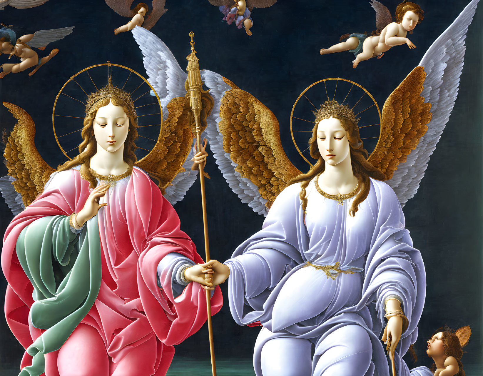 Angelic figures with halos and wings holding a golden spear amidst cherubs on dark background