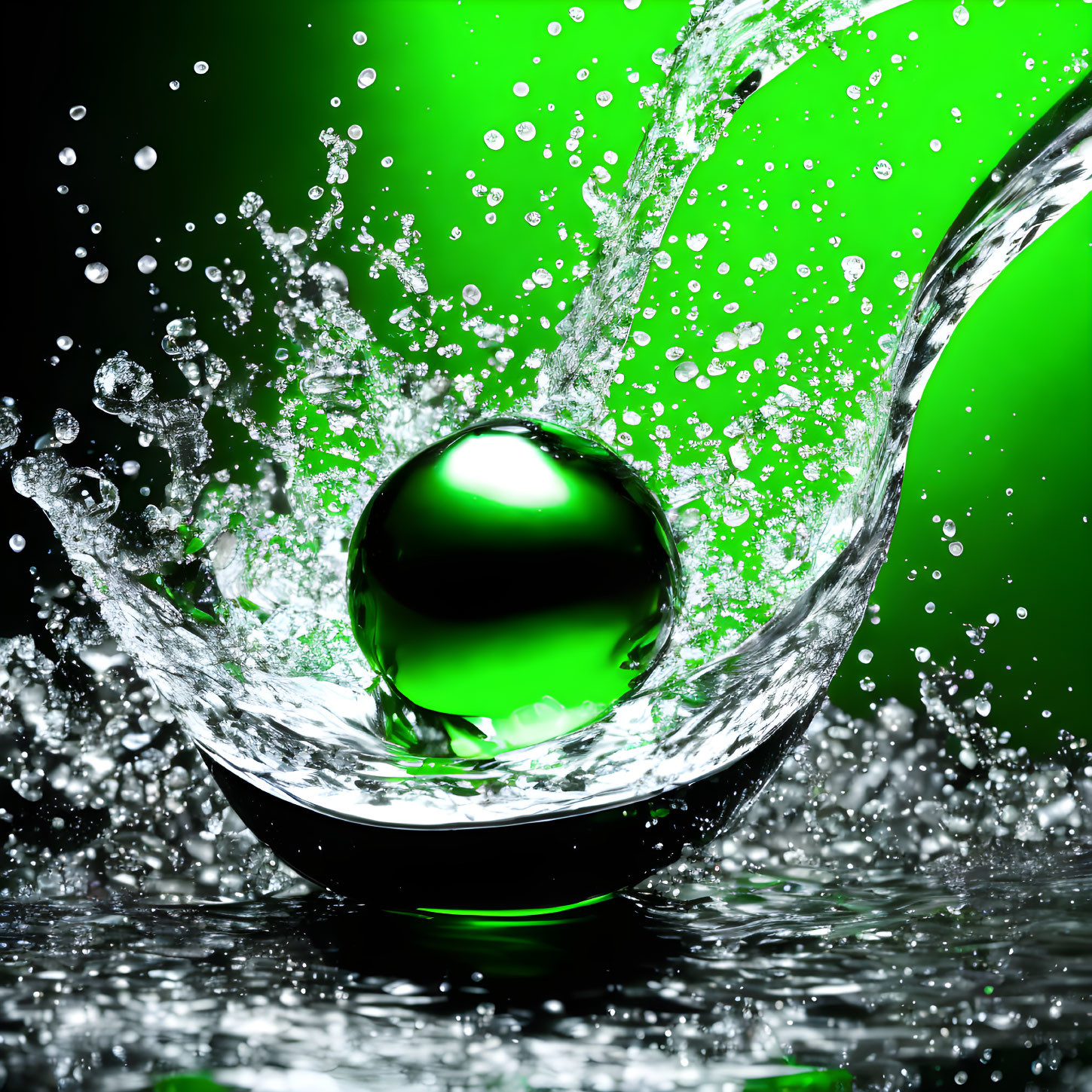 Green liquid splashing around sphere in bowl on dark background