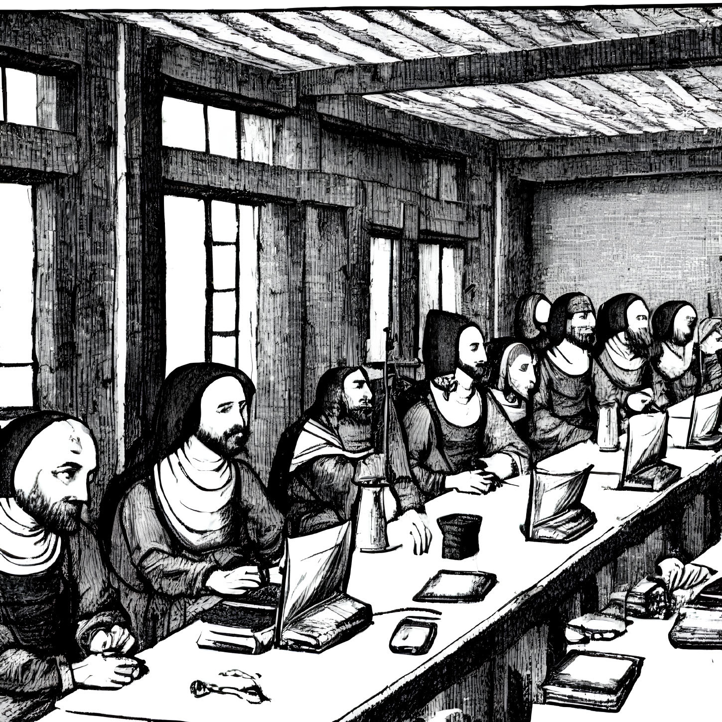 Monochrome Renaissance classroom scene with multiple Mona Lisas, laptops, and books