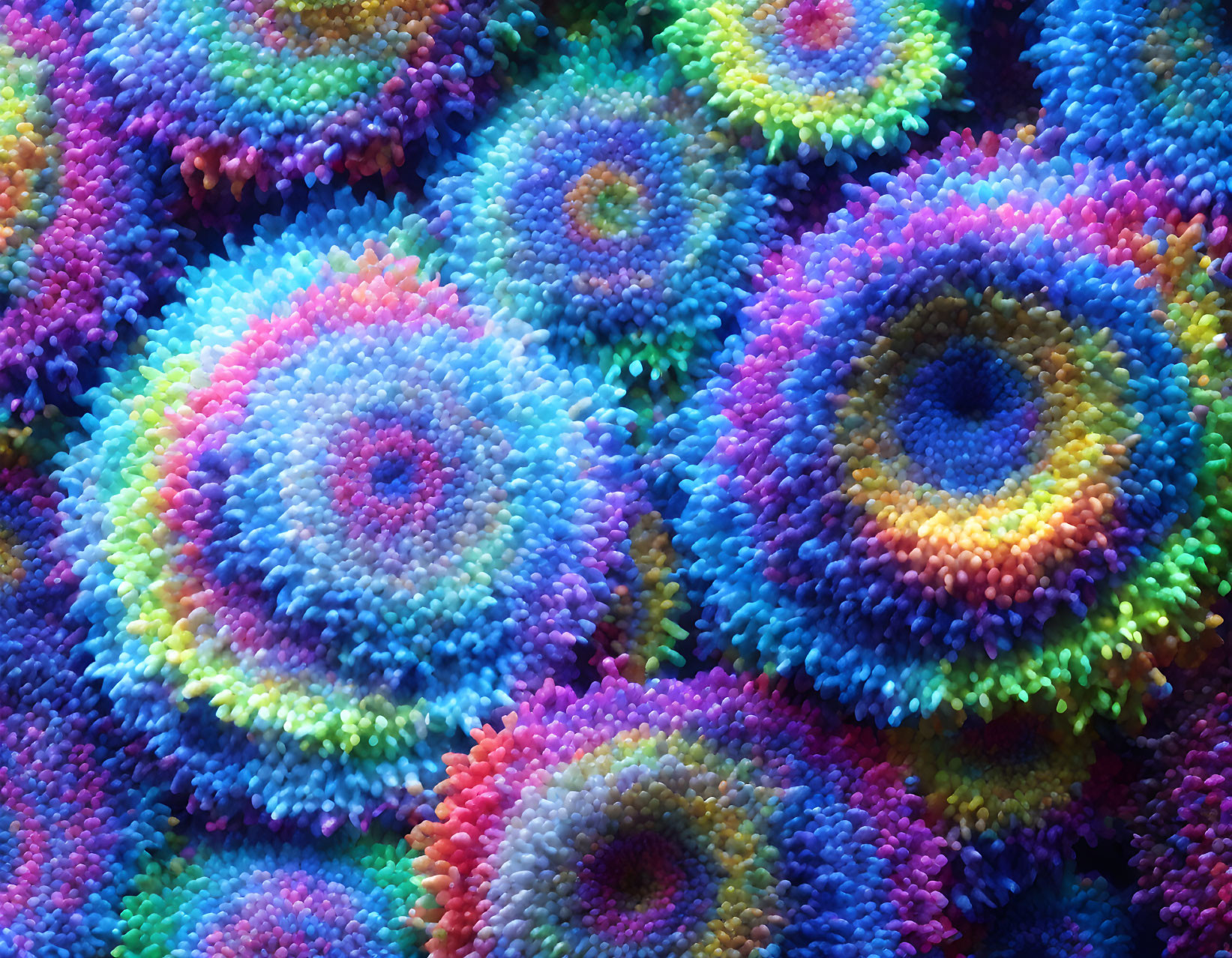 Vibrant circular fractal patterns with fuzzy texture in dense arrangement