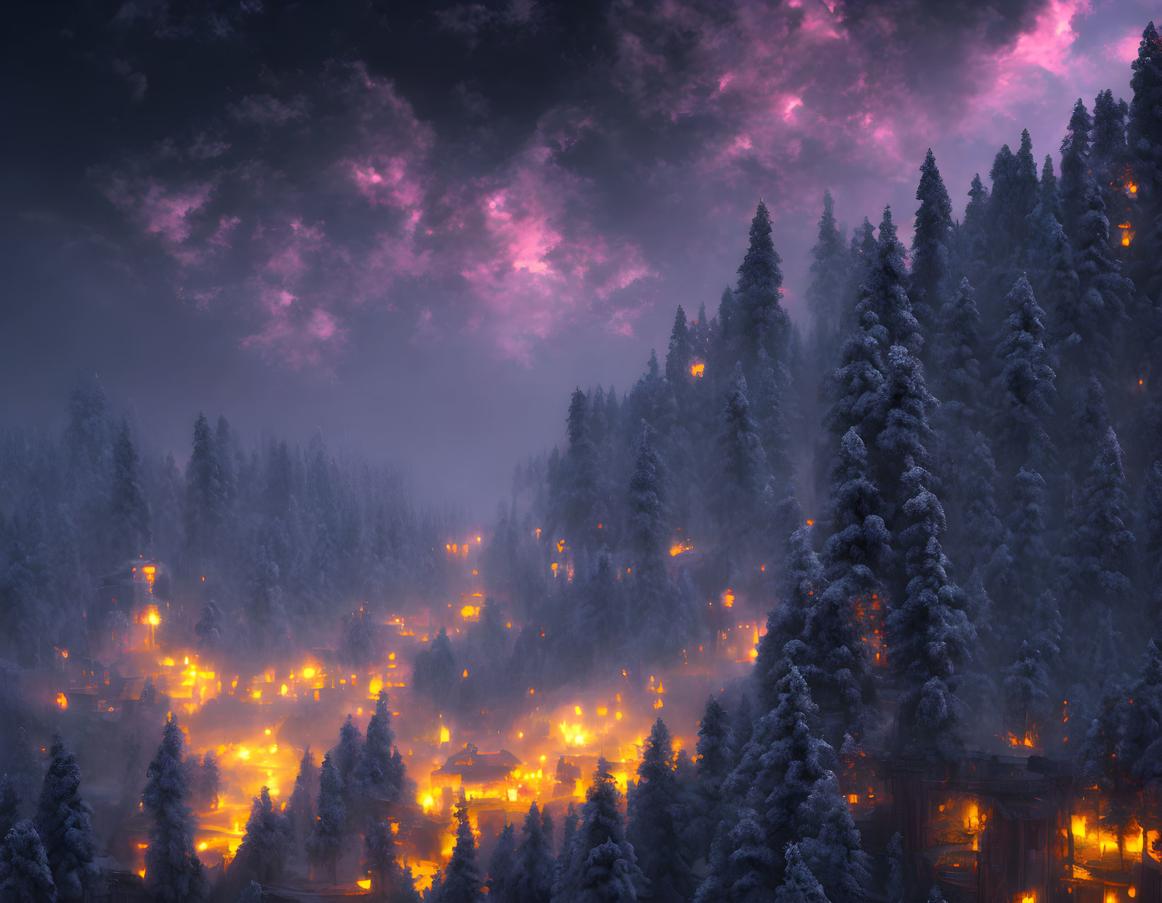 Snowy forest at night with warm glowing lights under purple sky