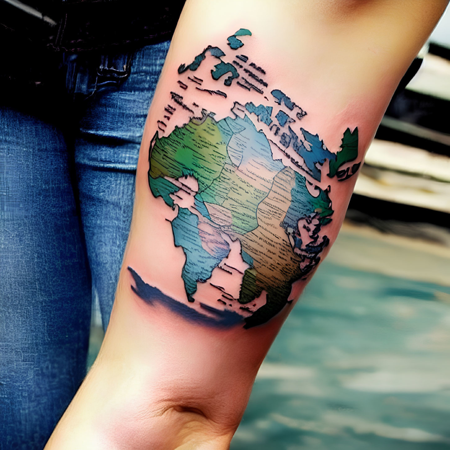 Vibrant world map tattoo on arm with green, blue, and pink shades