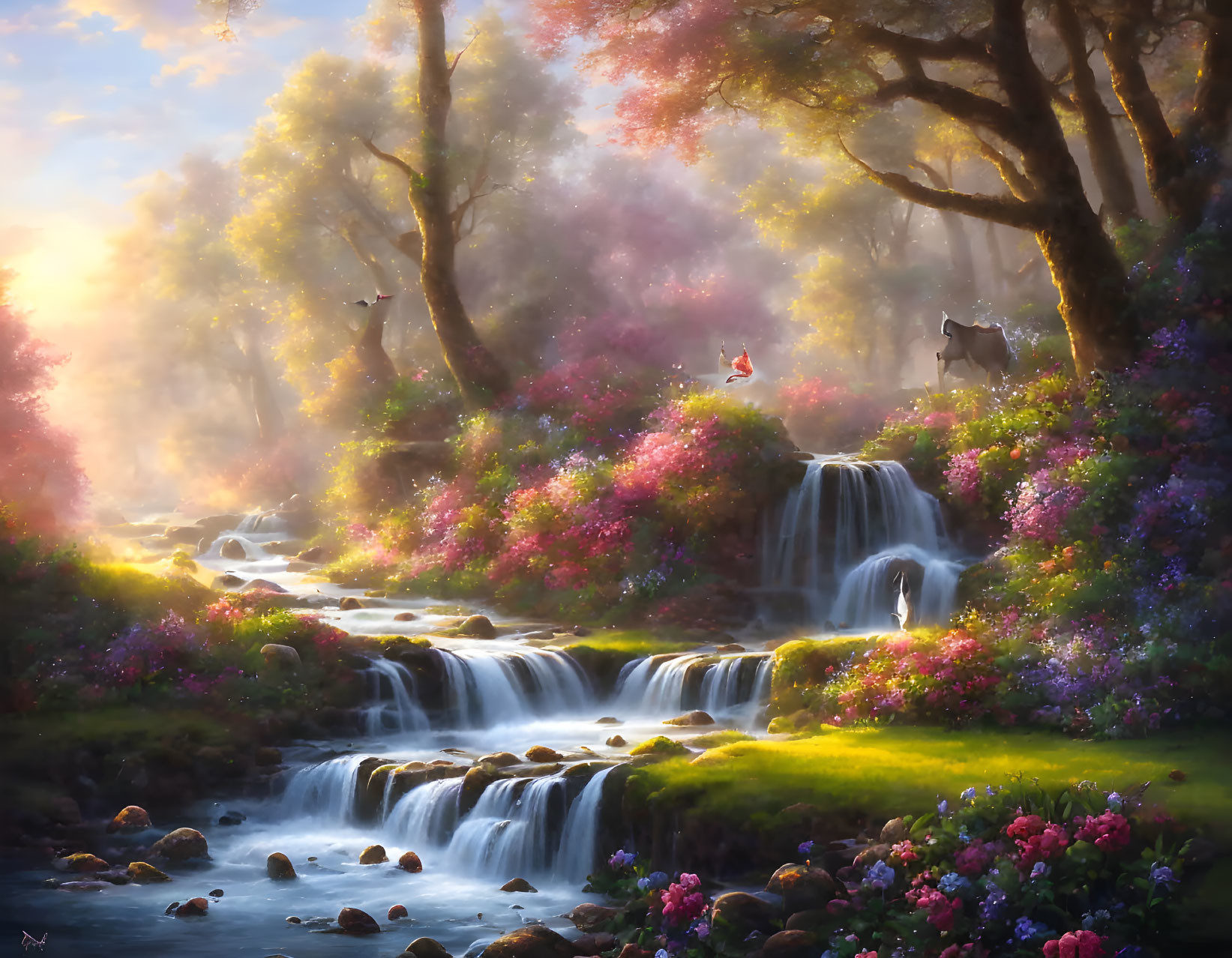 Tranquil forest scene with waterfall, stream, flowers, deer, and duck