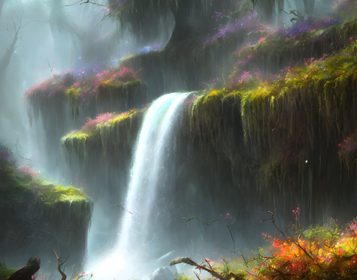 Tranquil waterfall scene with moss-covered cliffs and colorful flora