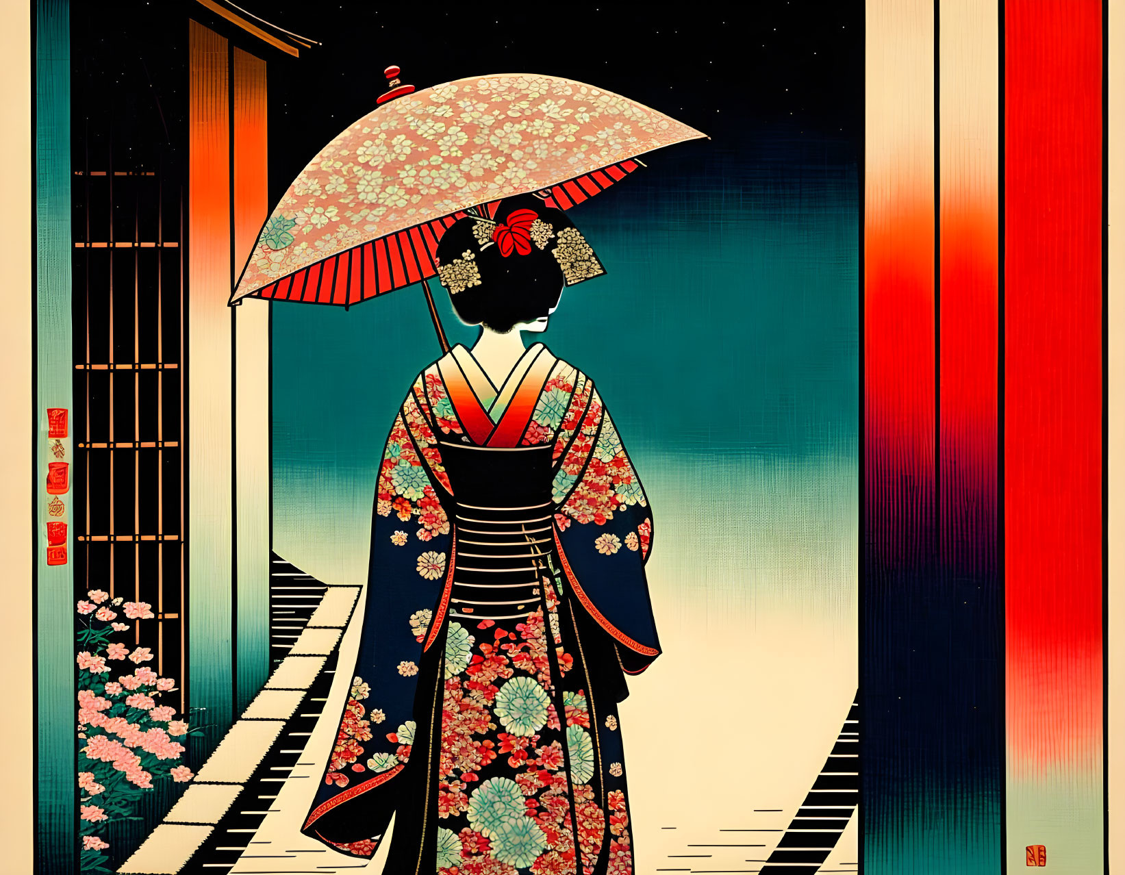 Traditional Japanese woman with umbrella at vibrant sunset.