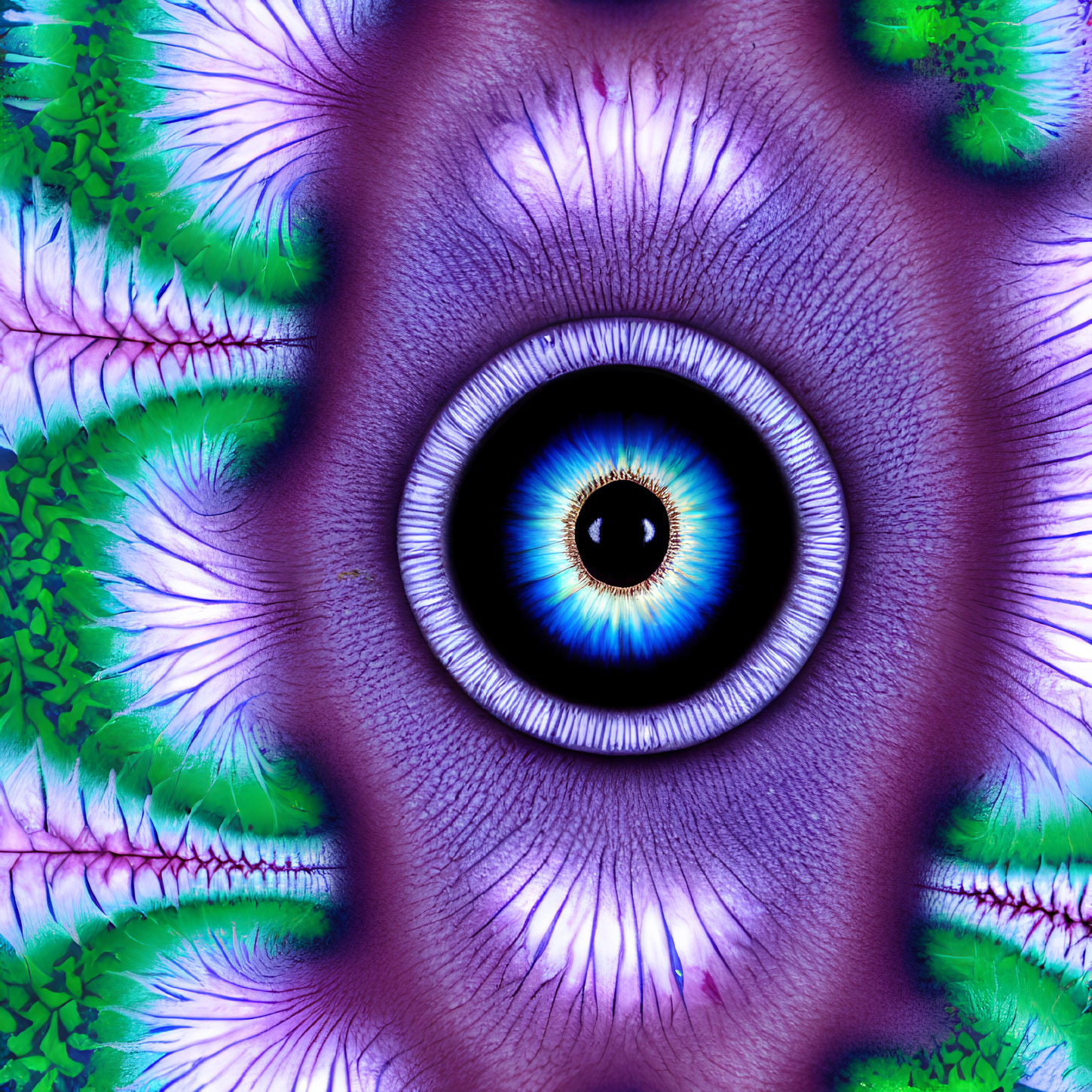 Abstract art: Central eye with blue and brown hues in symmetrical, fractal patterns.