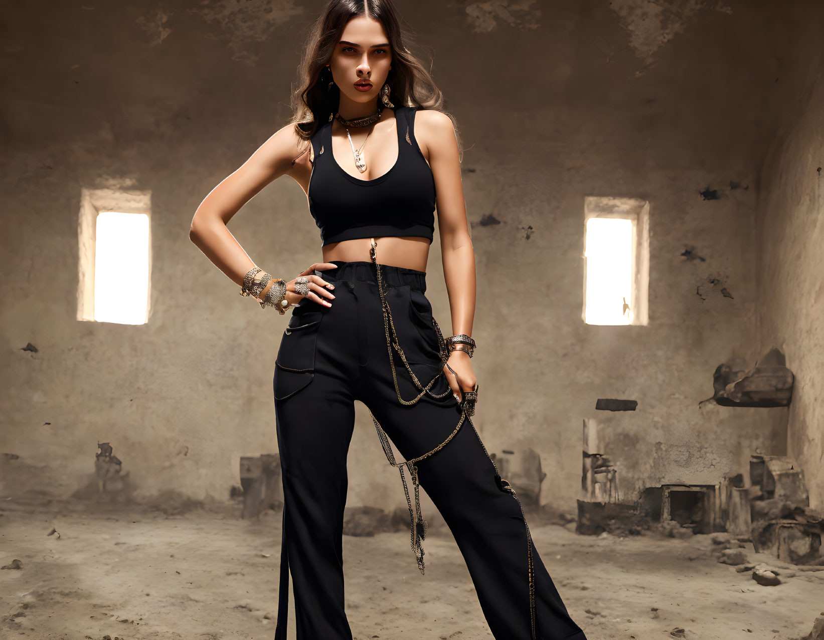 Stylish Woman in Black Crop Top and Trousers Poses in Rustic Room