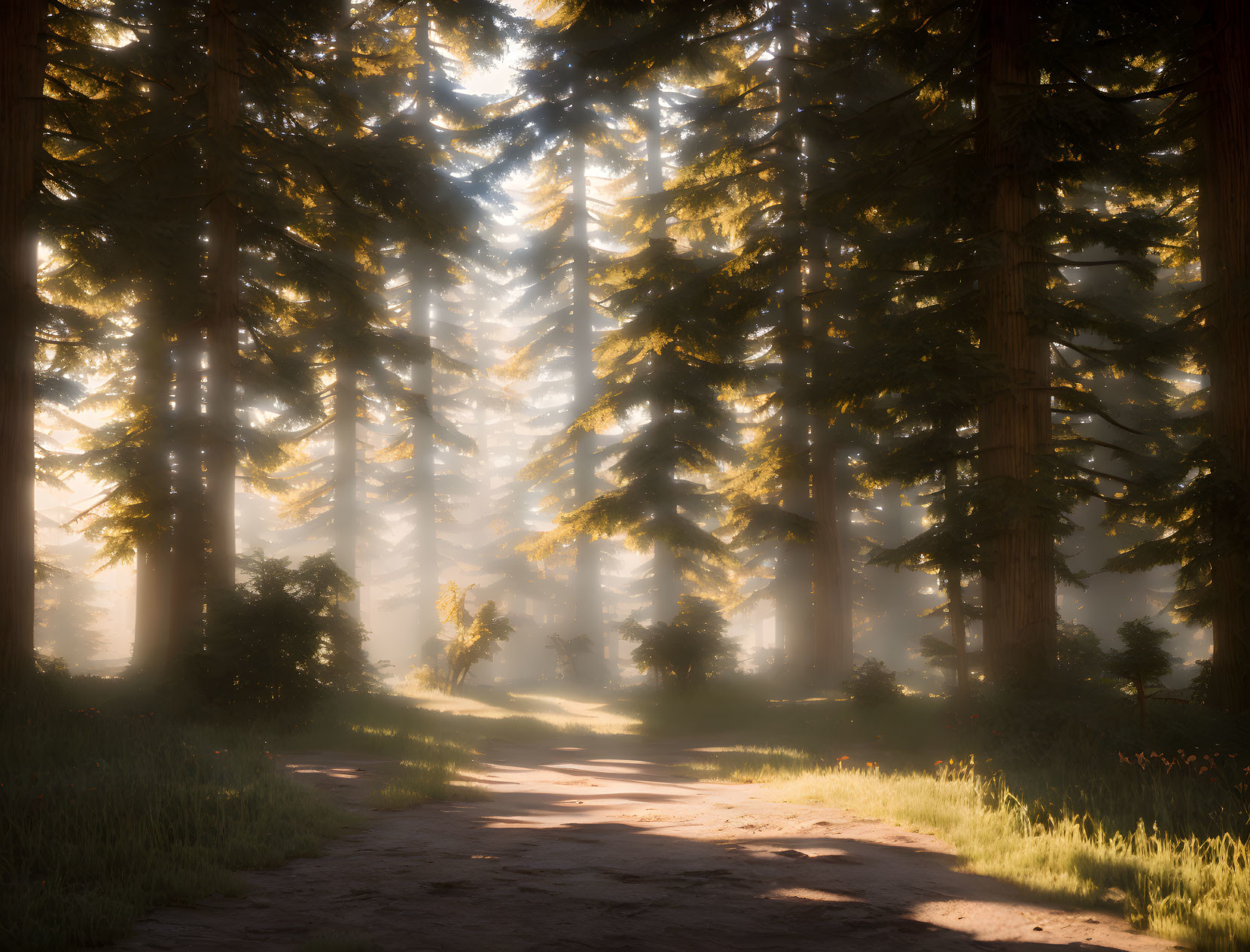 Misty forest with towering trees and dirt path in sunlight