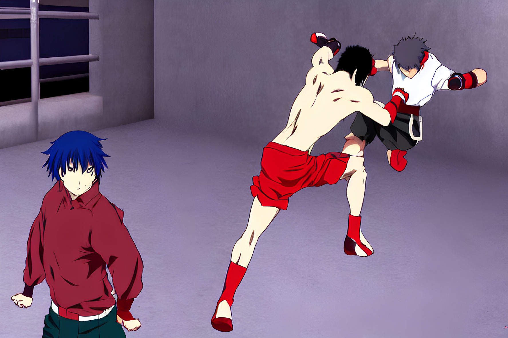 Animated characters in ring fight with high kick, blue-haired character watches