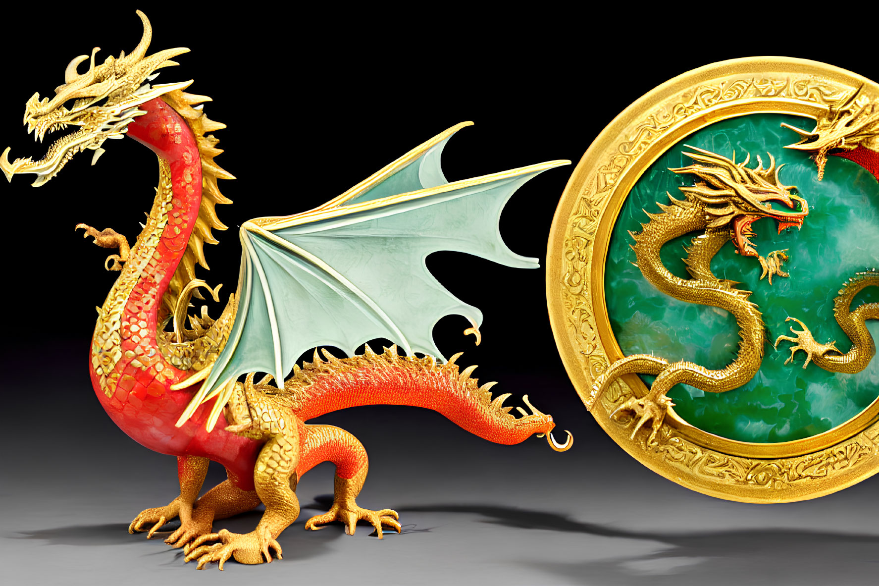 Colorful 3D dragon illustration with circular emblem in red, gold, green.