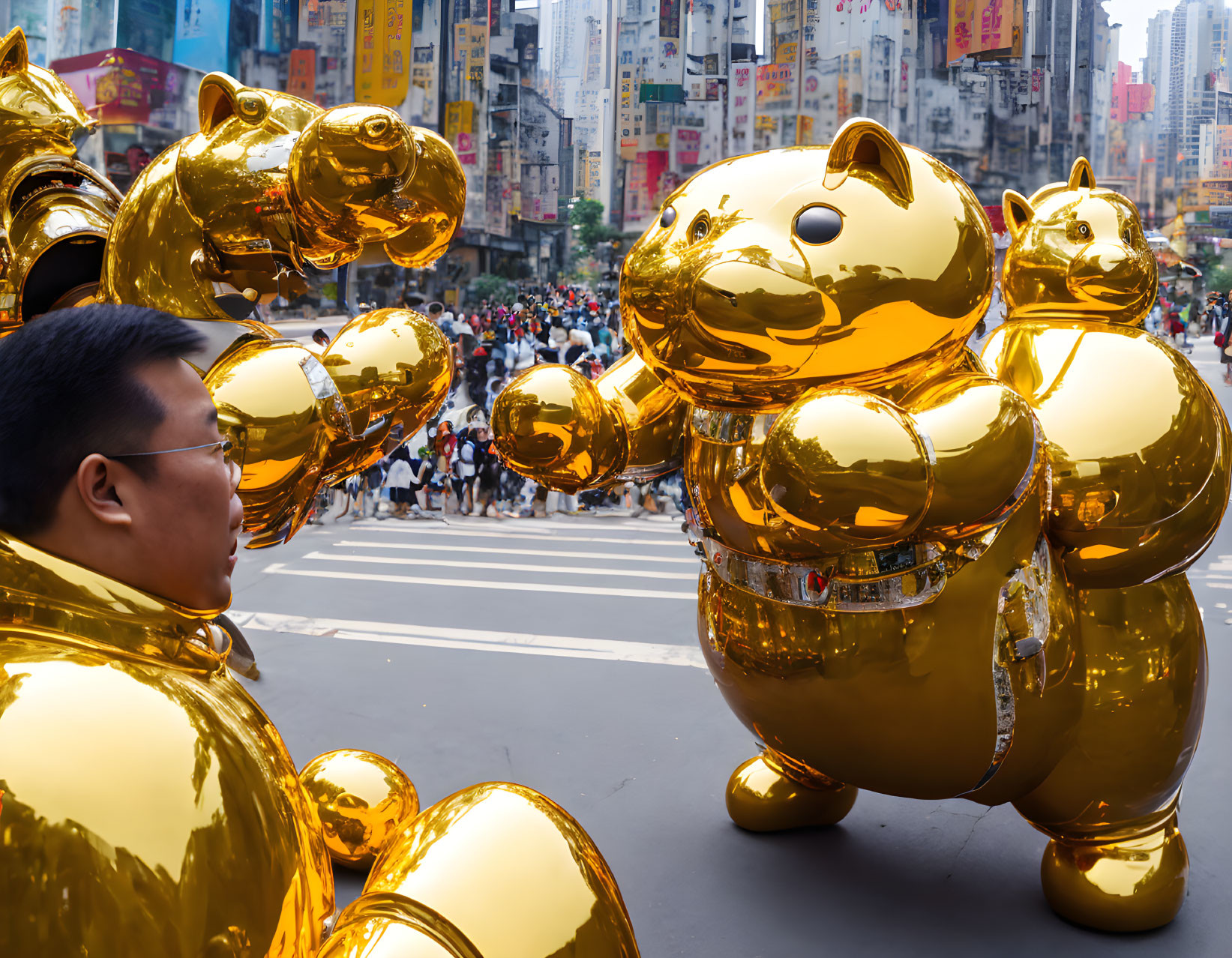 Urban street scene with large golden inflatable pig sculptures and crowd.