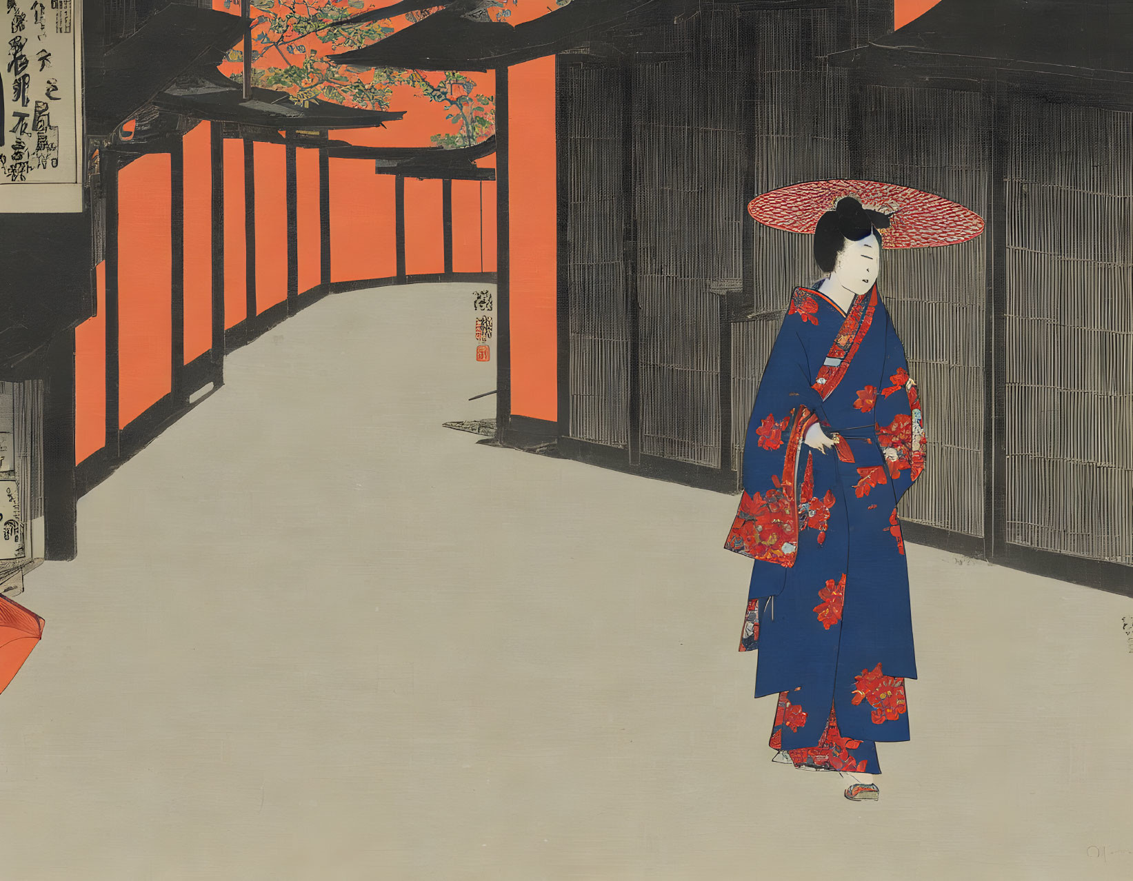 Japanese woman in blue kimono walking in wooden corridor with lanterns and maple leaves