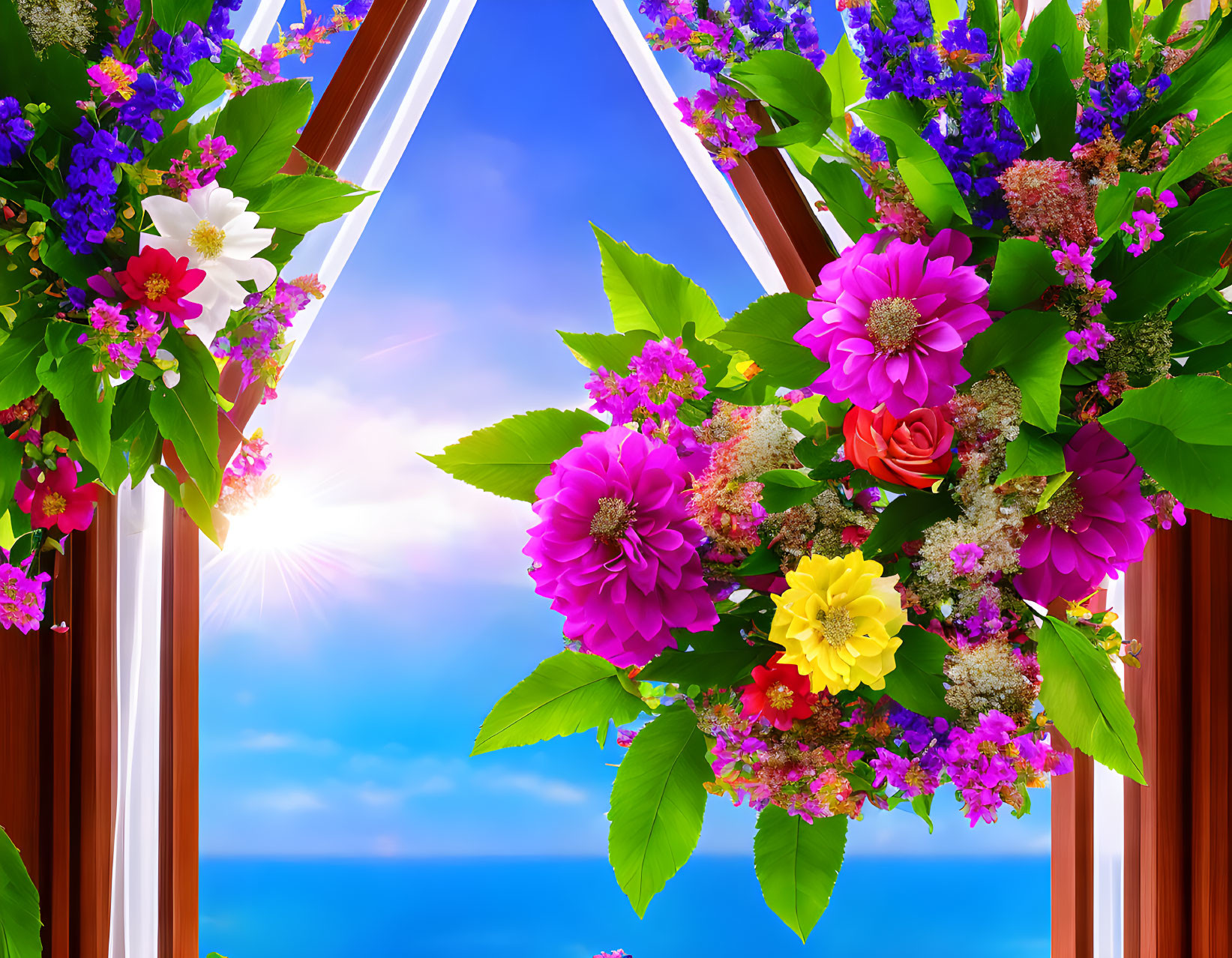 Colorful Flower Arrangement by Window with Ocean View