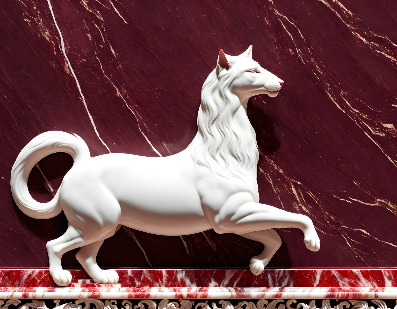 Sculpted white horse on dark red marble background