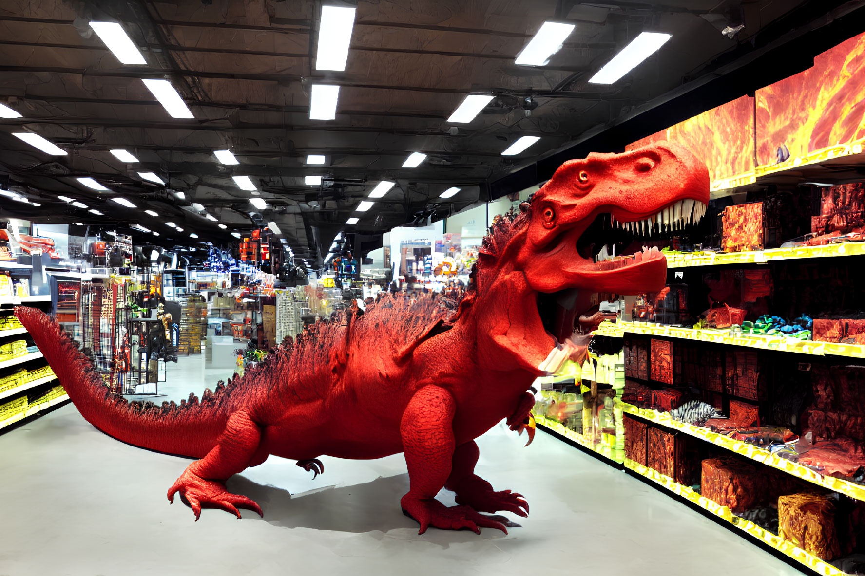 Red Tyrannosaurus Rex Dinosaur Model in Bright Retail Store