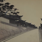 East Asian-style Building with Tiled Roofs on Stone Wall in Monochromatic Ink Wash