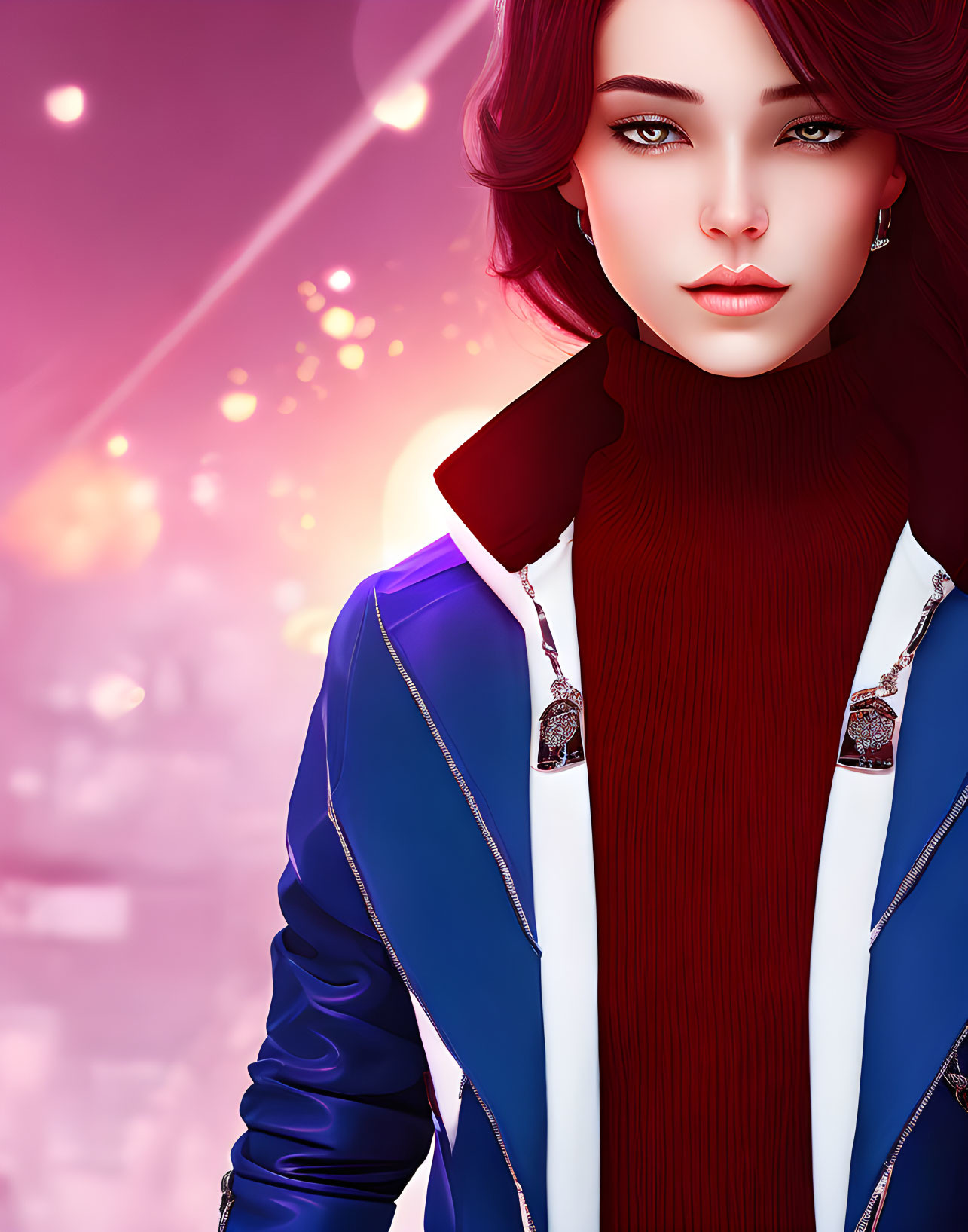 Illustration: Woman with Short Wavy Hair in Red Turtleneck and Blue Jacket on Pink Bo