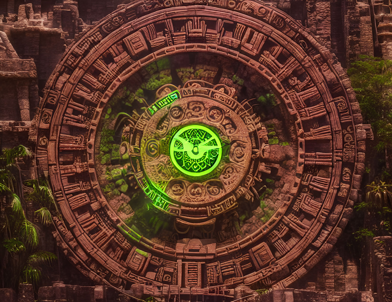 Mystical glowing green symbol on ancient stone wheel amidst weathered ruins