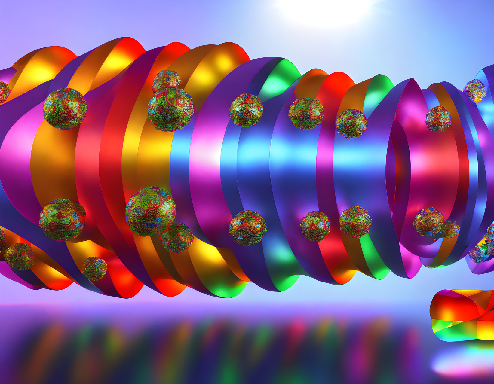 Colorful Helix Ribbons and Reflective Spheres on Purple Background