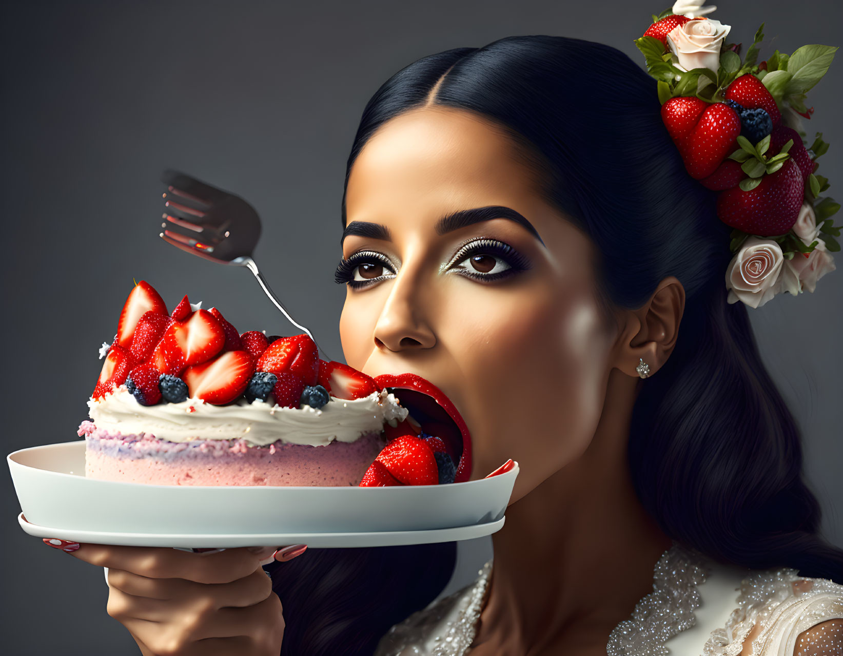 Woman with elegant makeup and roses about to eat strawberry-topped cake