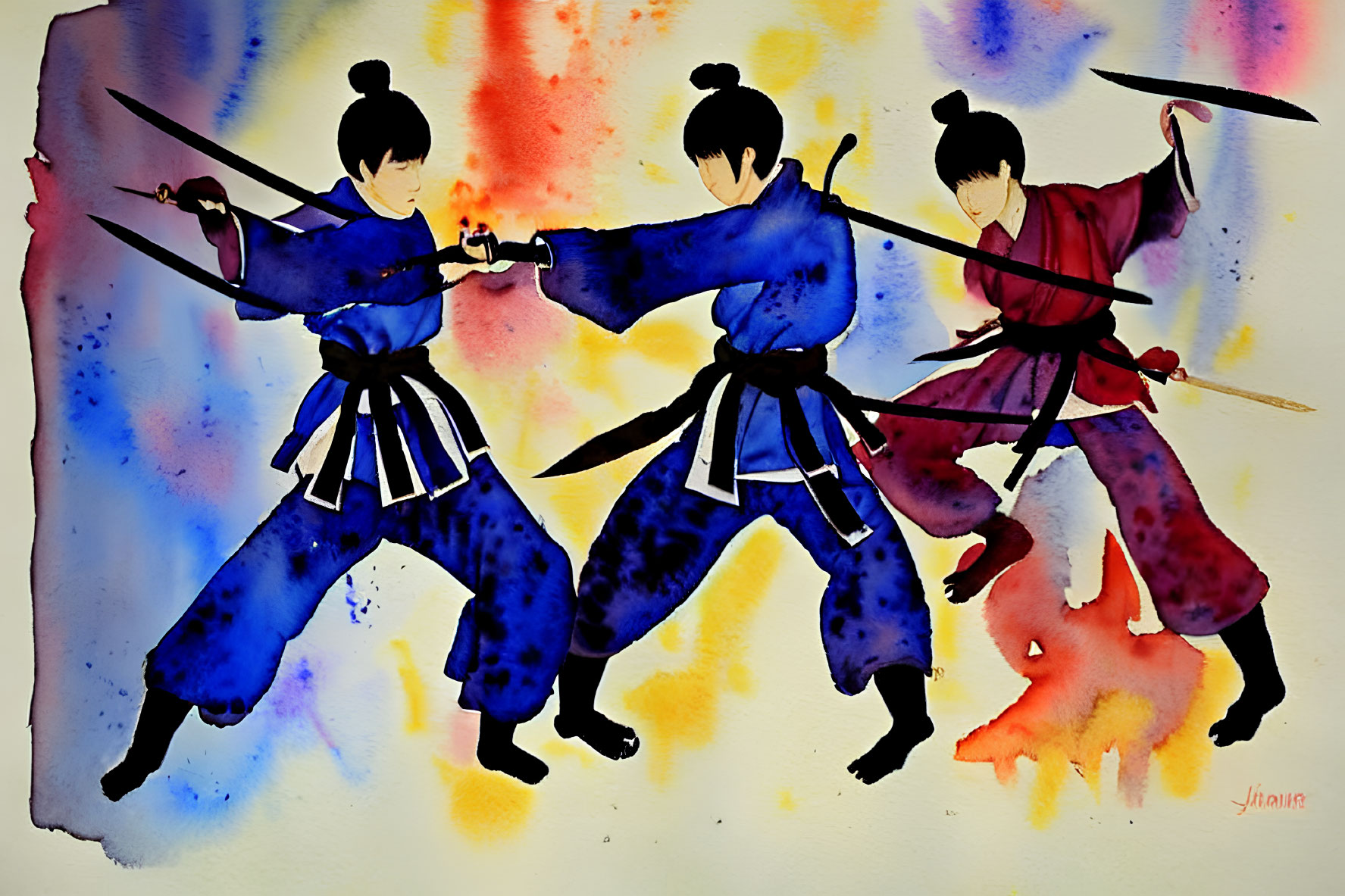 Colorful Watercolor Painting of Three Asian Warriors with Swords