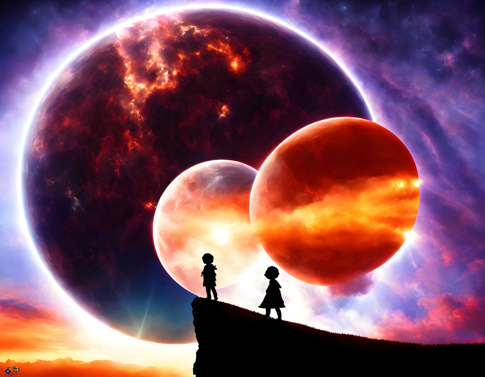 Silhouetted children on cliff edge observe vibrant cosmic scene