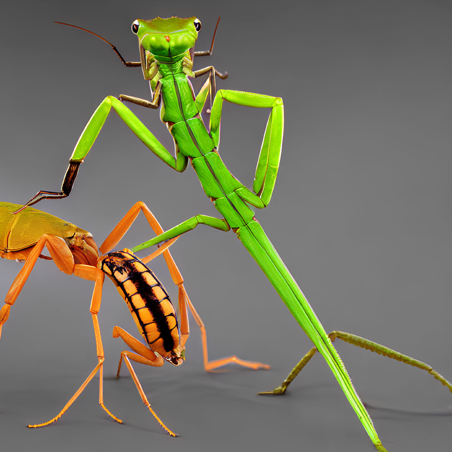 Colorful digital artwork: Green praying mantis and orange beetle