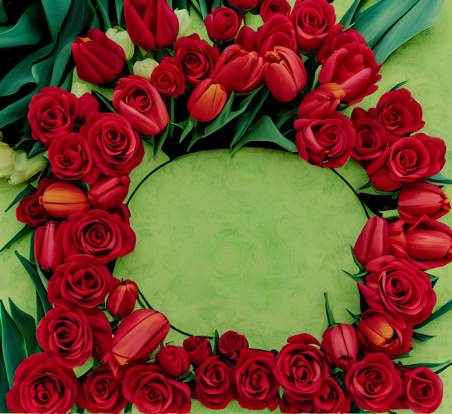 Circular Floral Frame: Red Tulips and Roses on Green Textured Background