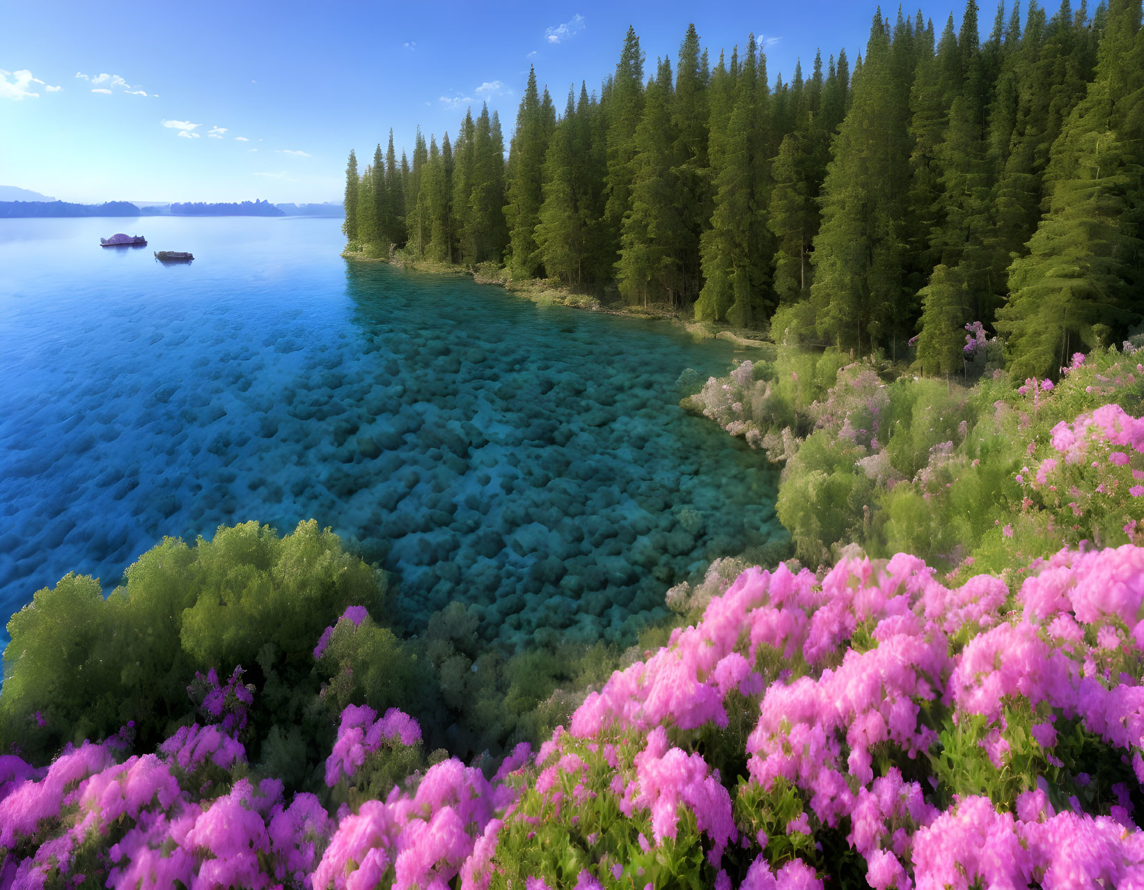 Tranquil lake with blue waters, pine forest, and pink shrubs