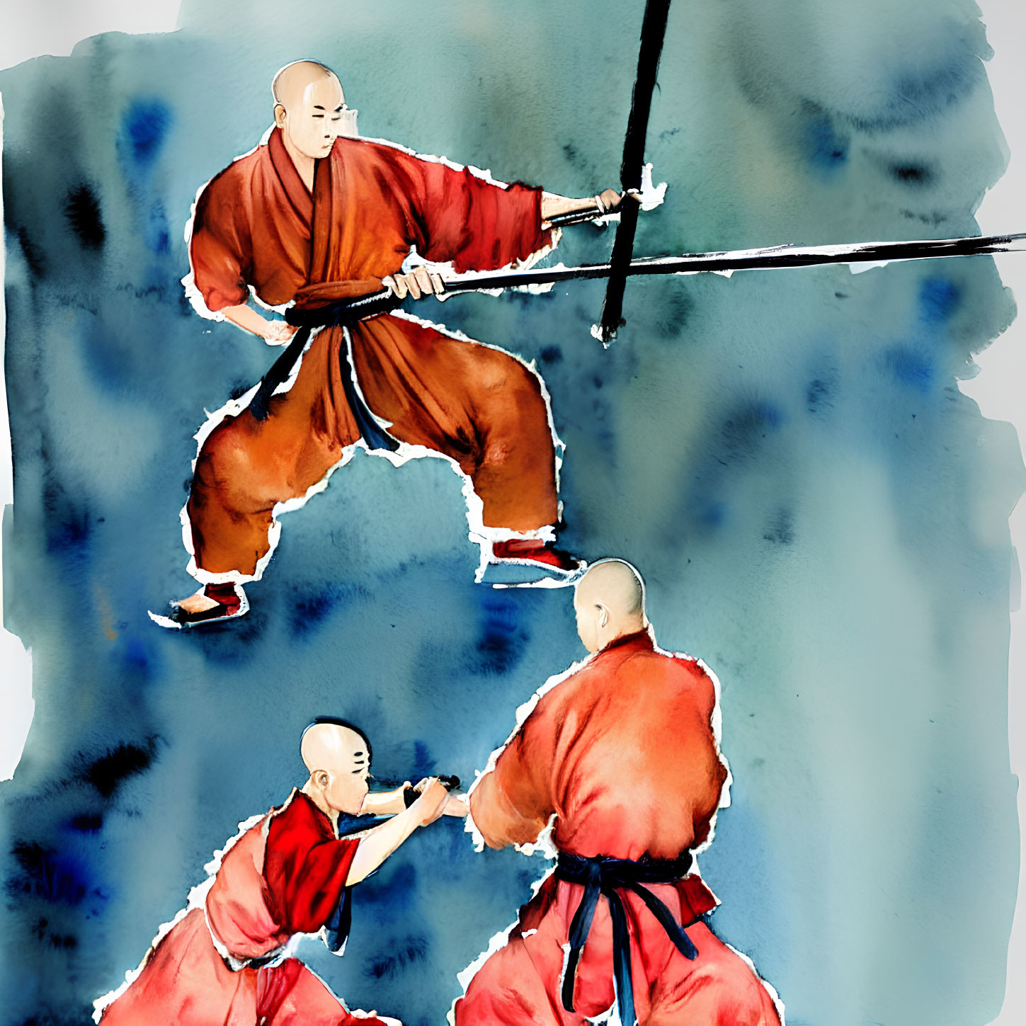 Two martial artists spar with wooden staffs in red gi - watercolor illustration.