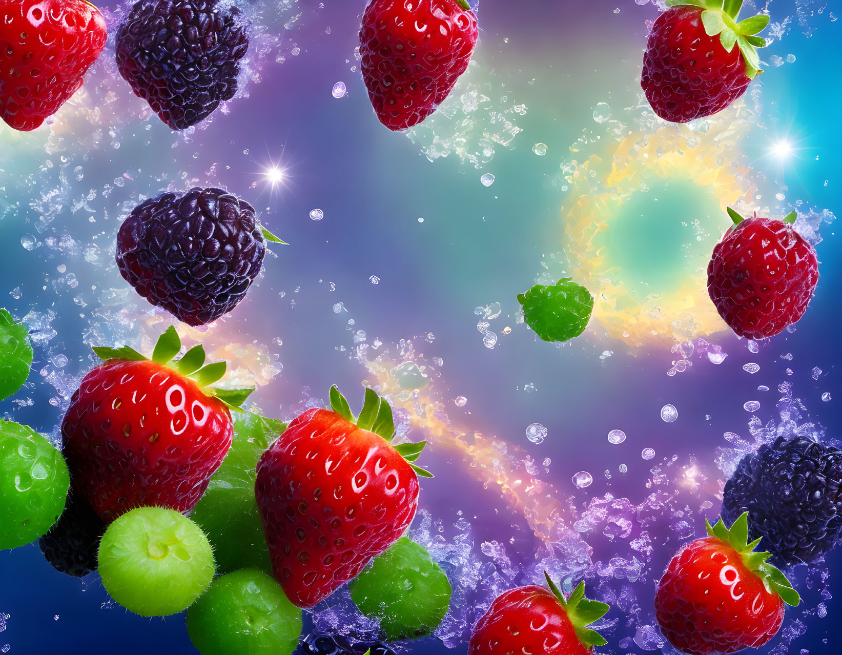 Colorful Floating Fruits on Cosmic Background with Water Droplets