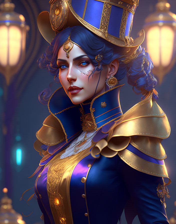 Blue-skinned woman in ornate costume with top hat: 3D illustration