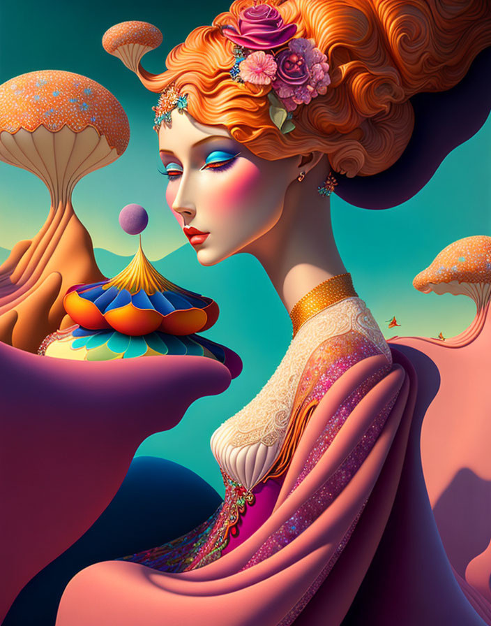 Vibrant orange-haired woman in fantasy setting with floral adornments.