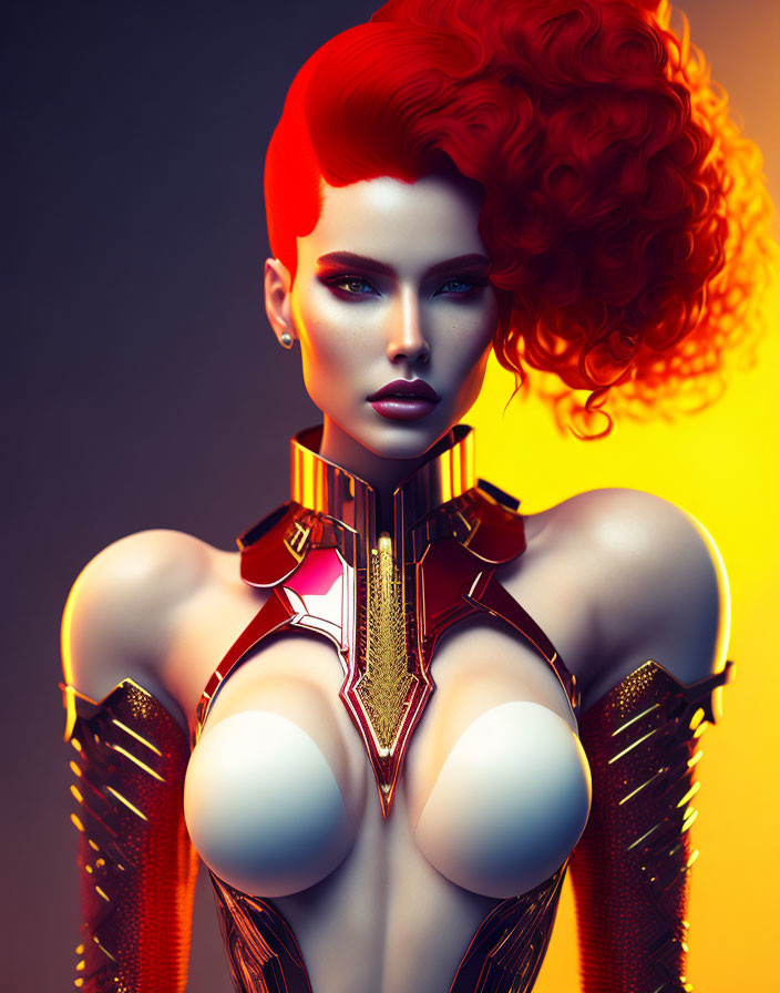 Vibrant red-haired woman in futuristic armor on gradient background