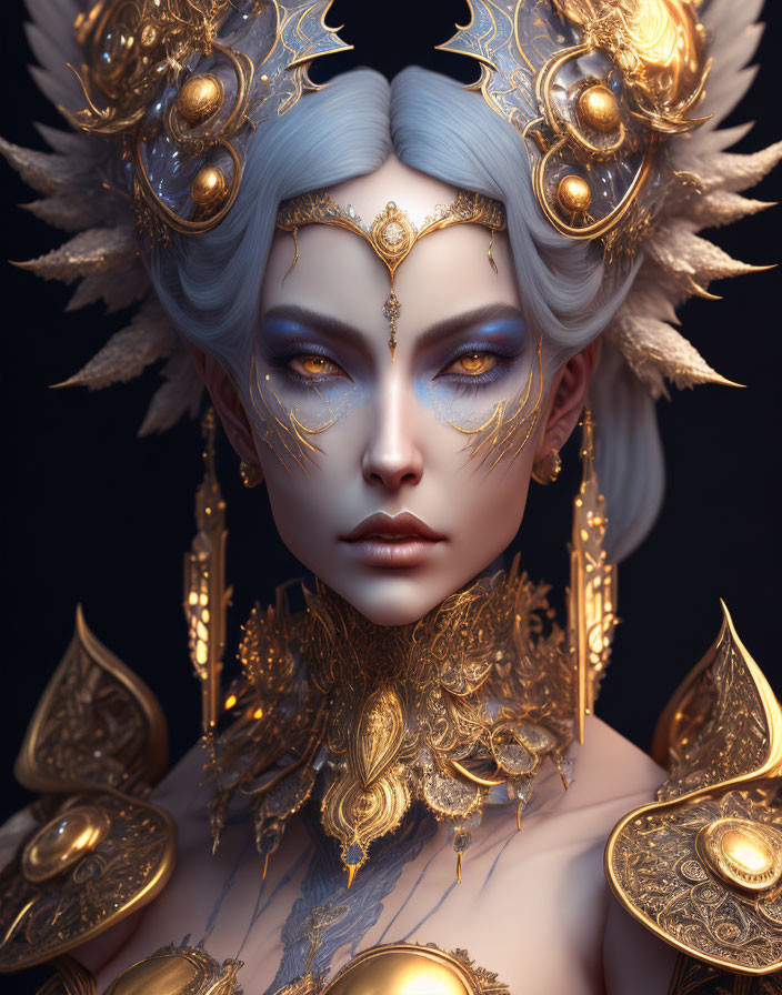 Portrait of character with pale blue skin and elaborate gold headpieces, jewelry, feathers, and golden makeup