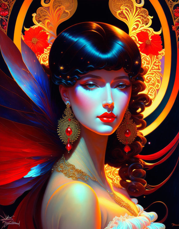 Illustrated Dark-Haired Woman with Red Lips and Gold Jewelry on Vibrant Abstract Background