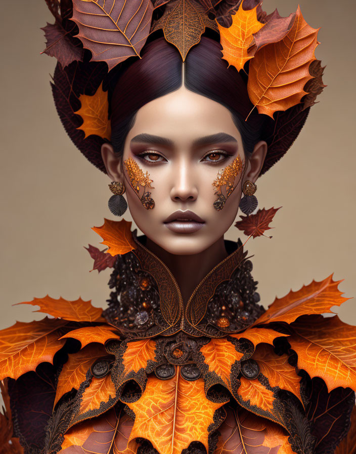 Woman with autumn leaf-themed makeup and attire featuring gold leaf accents