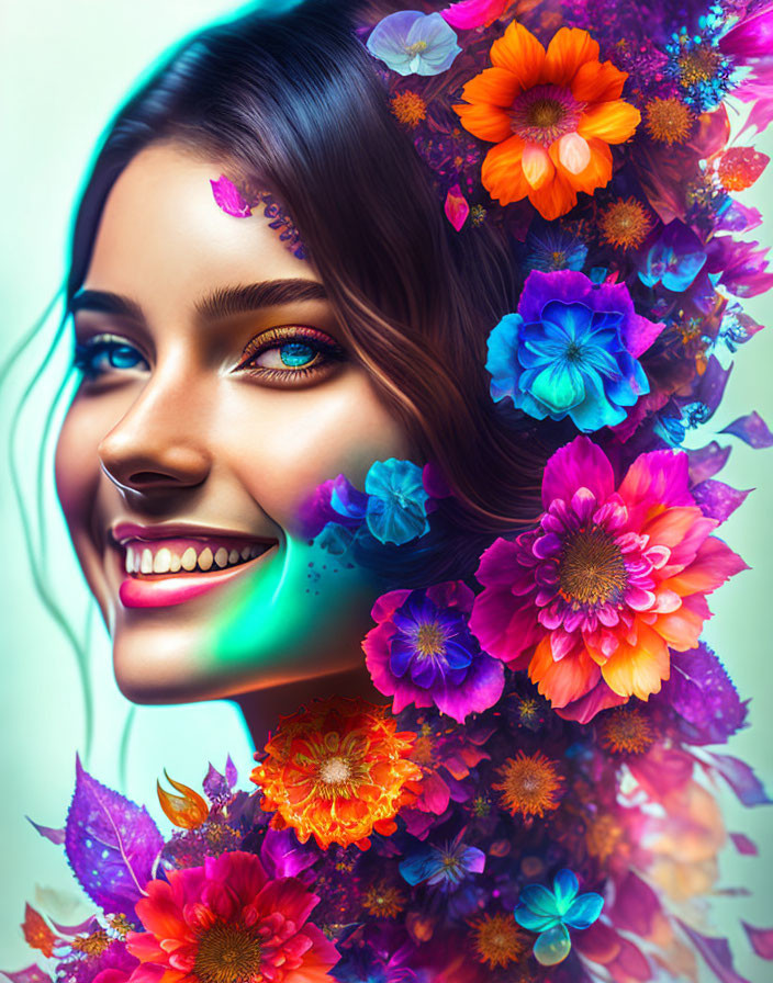 Colorful floral digital portrait of a joyful woman