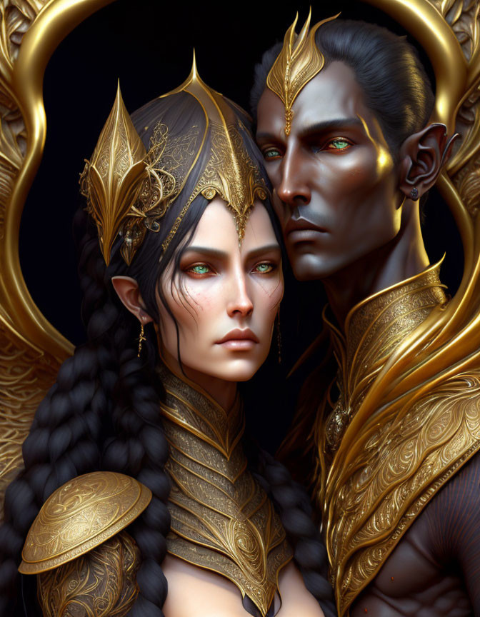 Fantasy digital artwork of two characters in golden armor