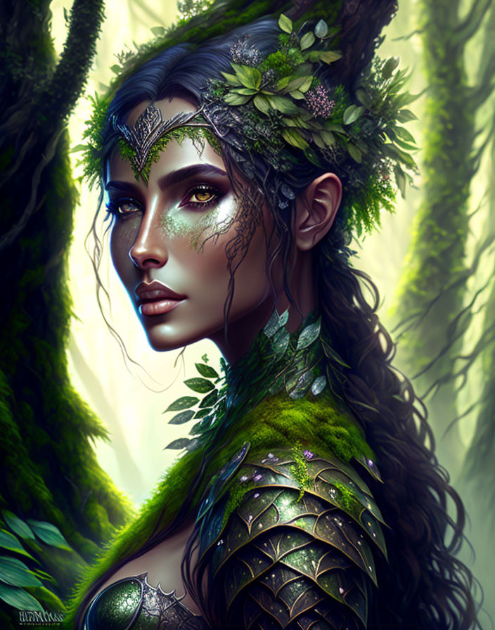 Fantasy artwork: Woman with green foliage hair, leaf patterns on skin, metallic shoulder armor in lush