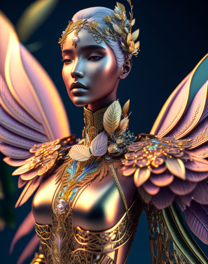 Ethereal being in golden armor with wings on blue backdrop