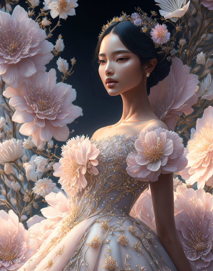 Woman in elegant dress surrounded by delicate pink flowers