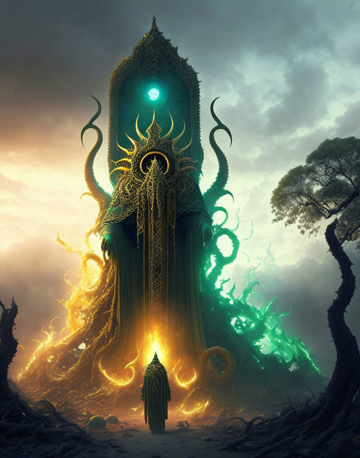 Majestic glowing crown tentacled being in mystical forest with robed figure