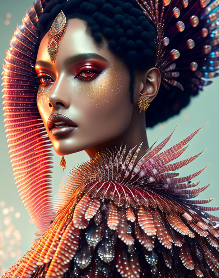 Digital art portrait of woman with ornate feather-like accessories and shimmering makeup against soft blue background